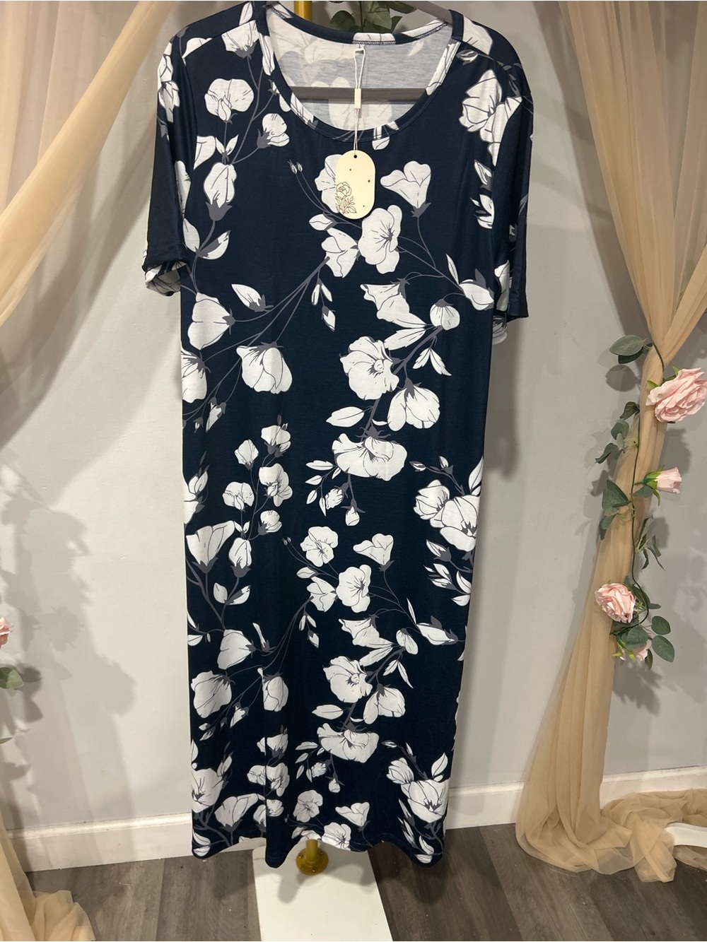 NWT Zeagoo Navy White Floral Maxi Dress Pockets Side Slit Stretch Large - Picture 3 of 6